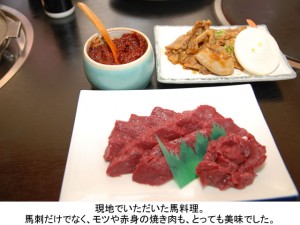 現地でいただいた馬料理。馬刺だけでなく、モツや赤身の焼き肉も、とっても美味でした。